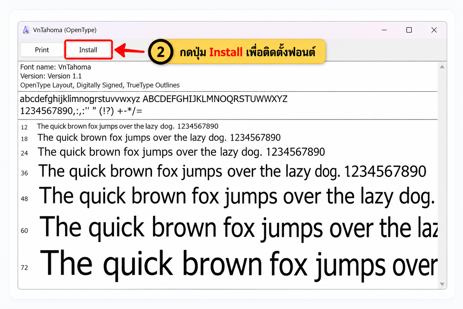 หน้าต่างตัวอย่างฟอนต์ VnTahoma พร้อมปุ่ม Install